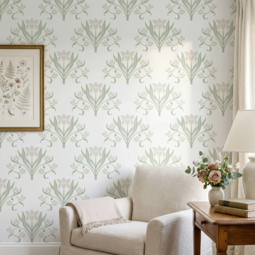 Diseño de papel pintado Liria, diseño floral con lirios en verde salvia, ámbar suave y blanco roto, en rincón de lectura en salón