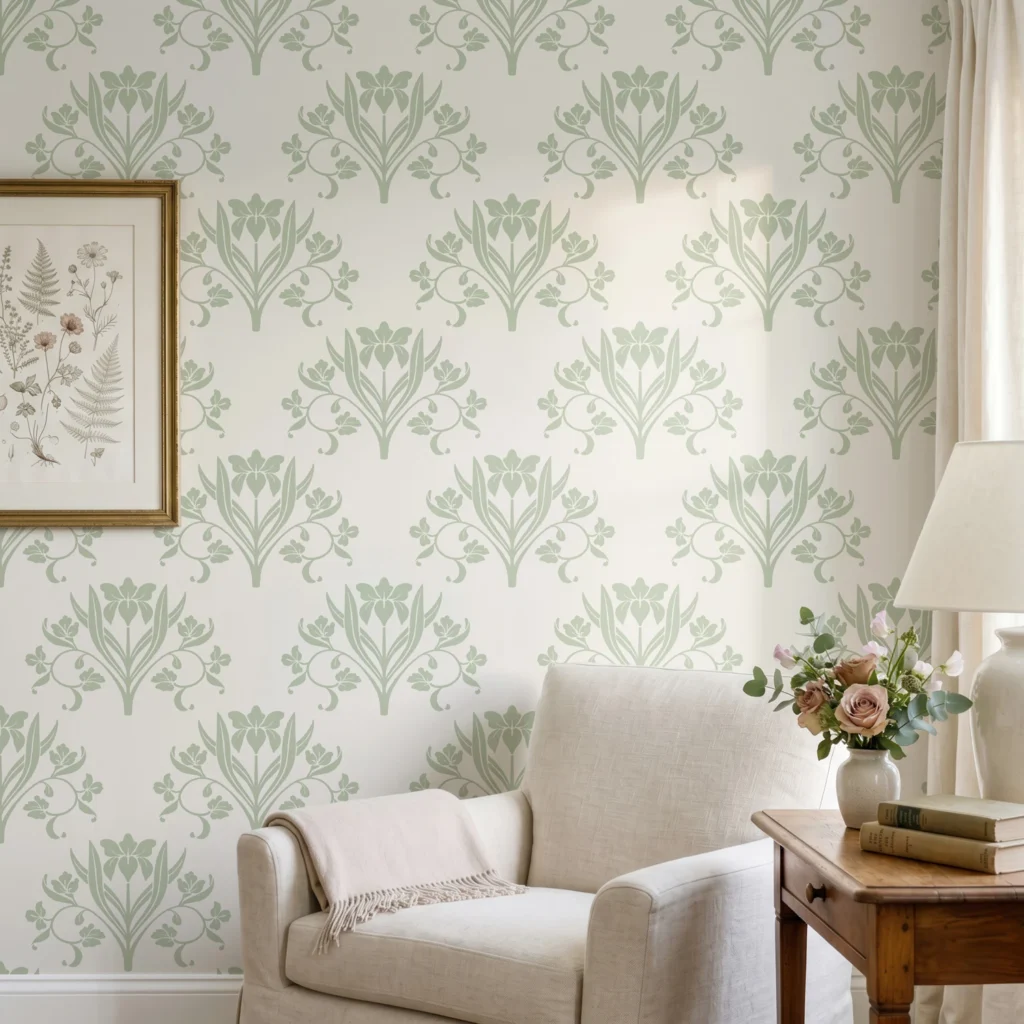 Diseño de papel pintado Liria, diseño floral con lirios en verde salvia y blanco roto, en rincón de lectura en salón