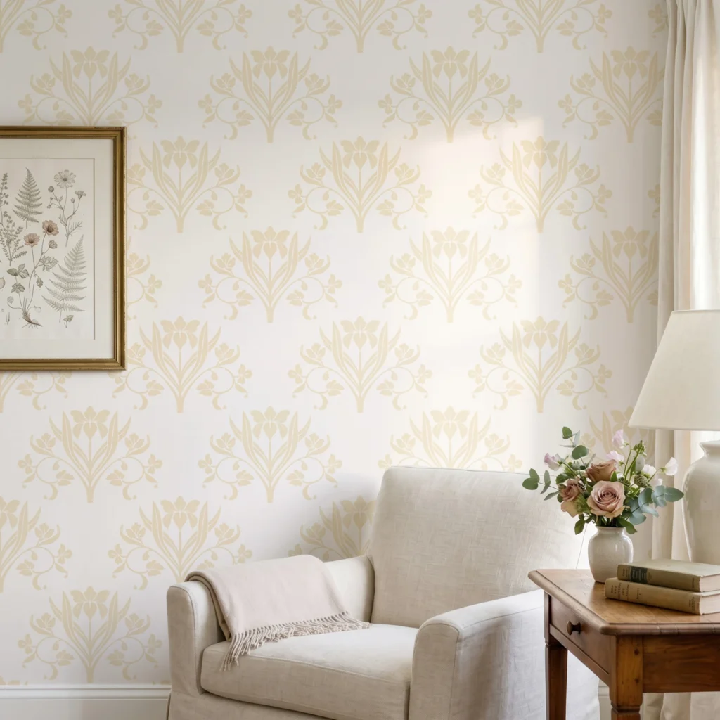 Diseño de papel pintado Liria, diseño floral con lirios en vainilla y blanco roto, en rincón de lectura en salón