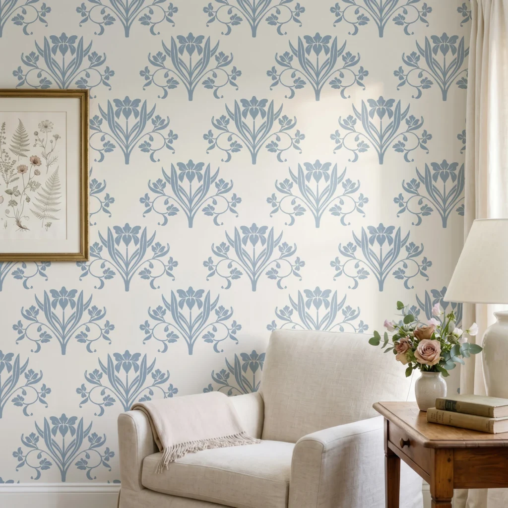 Diseño de papel pintado Liria, diseño floral con lirios en azul empolvado y blanco roto, en rincón de lectura en salón