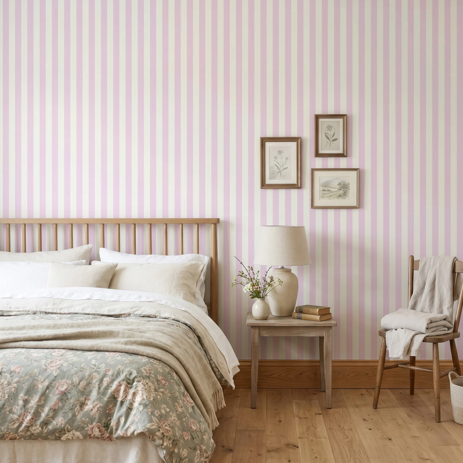 Papel pintado Godella en color rosa rubor y blanco, en un dormitorio rústico y acogedor