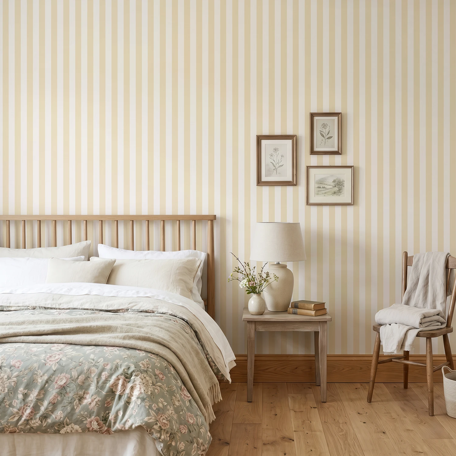 Papel pintado Godella en color vainilla cremosa y blanco, en un dormitorio rústico y acogedor