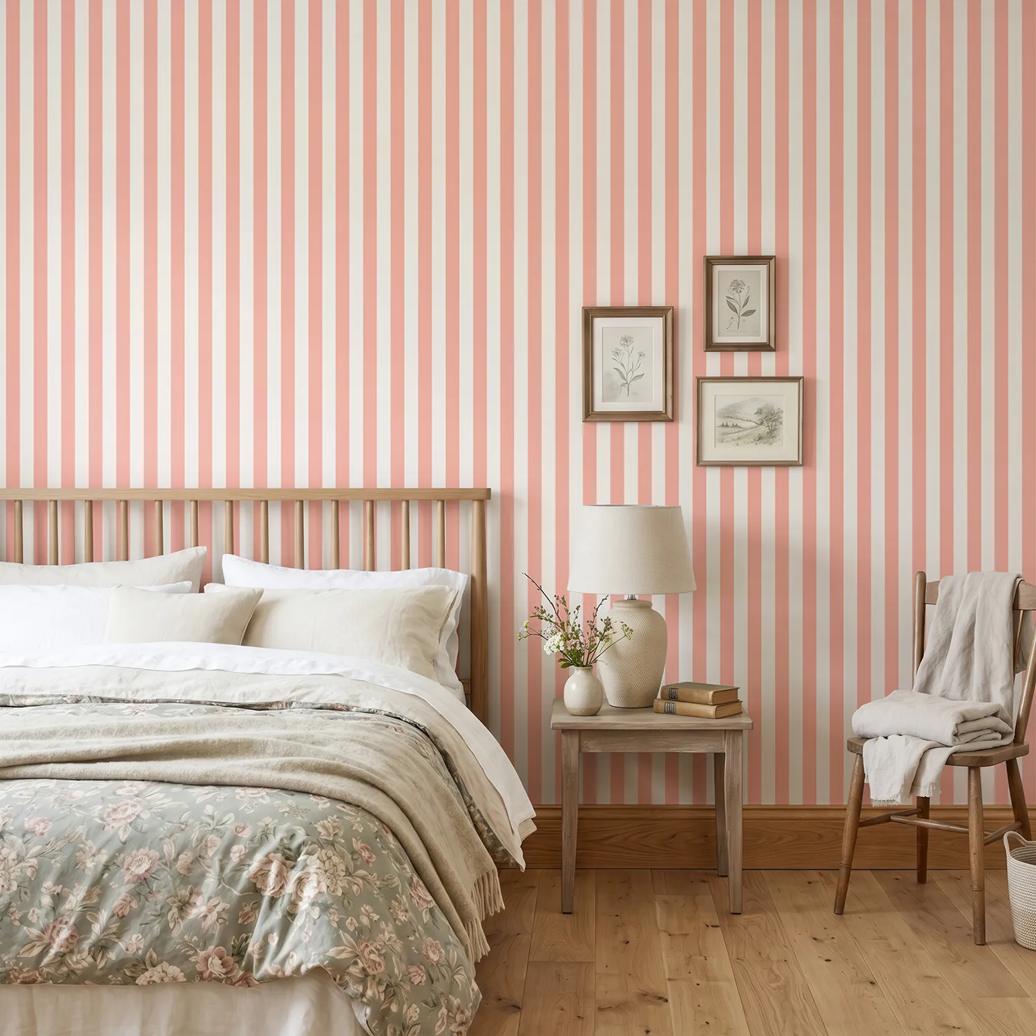 Papel pintado Godella en color coral y blanco suave, en un dormitorio rústico y acogedor