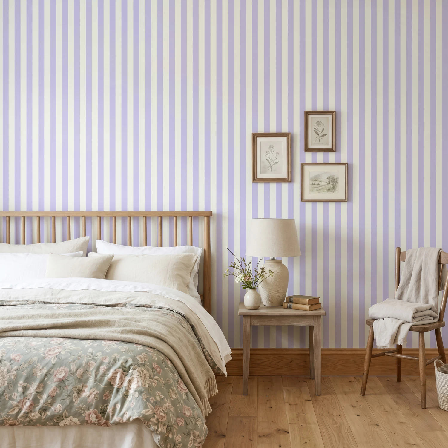 Papel pintado Godella en color lavanda suave y blanco roto, en un dormitorio rústico y acogedor