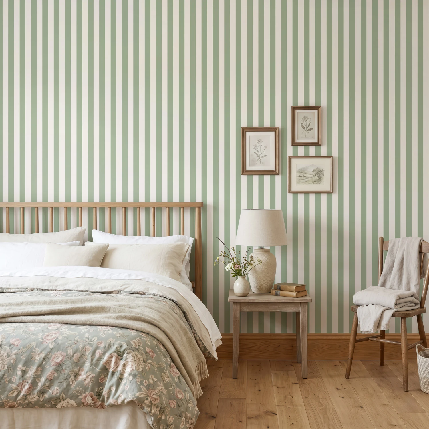 Papel pintado Godella en color verde salvia suave y blanco roto, en un dormitorio rústico y acogedor