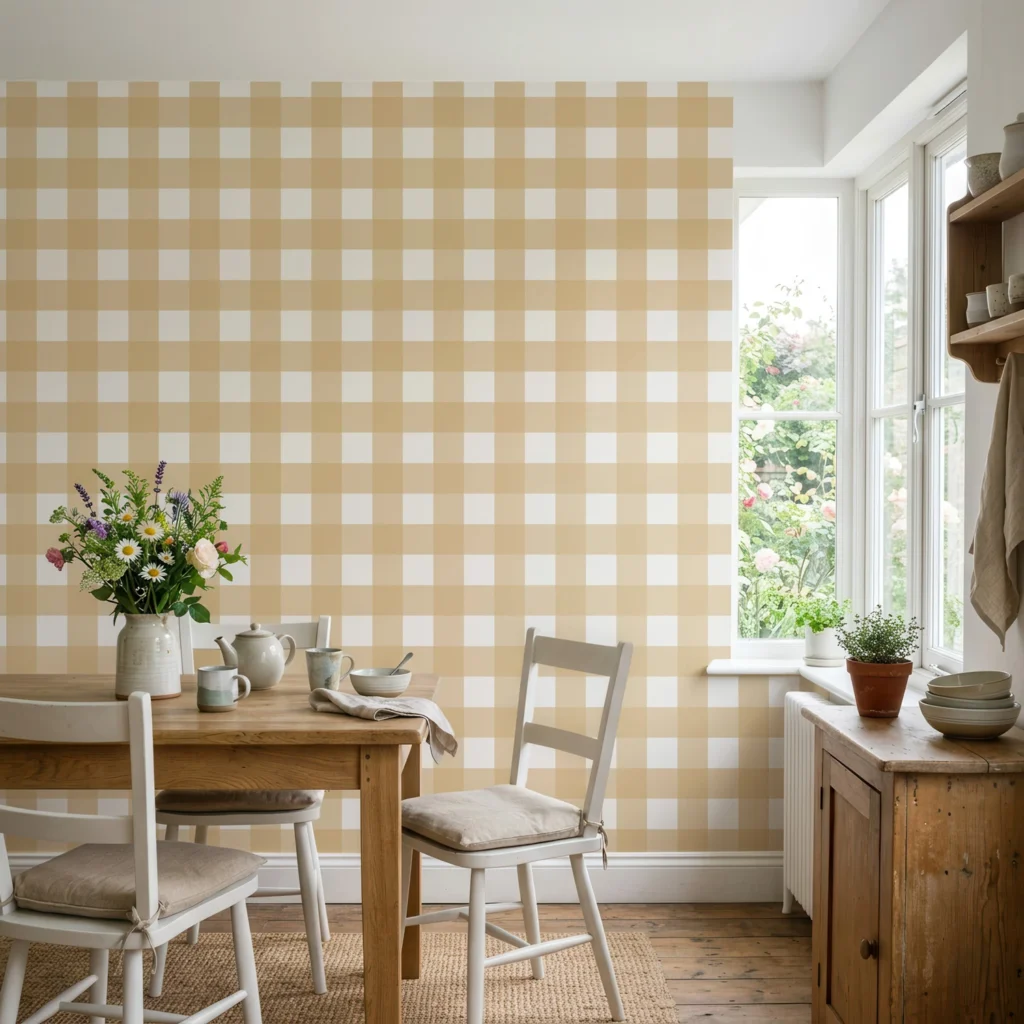 Diseño de papel pintado Anna, cuadros Vichy mostaza suave y blanco roto, en cocina rústica y luminosa