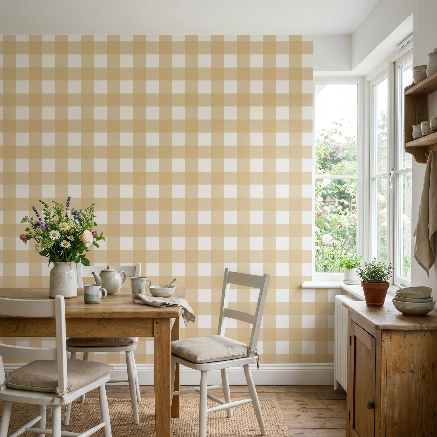 Diseño de papel pintado Anna, cuadros Vichy mostaza suave y blanco roto, en cocina rústica y luminosa