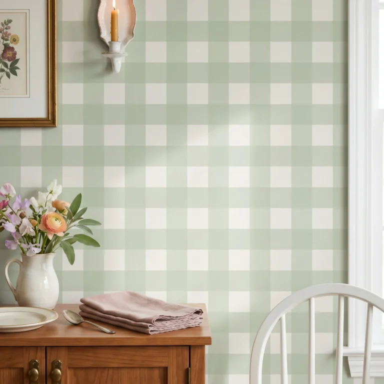 Diseño de papel pintado Anna, cuadros Vichy verde salvia y blanco roto, en cocina rústica y luminosa