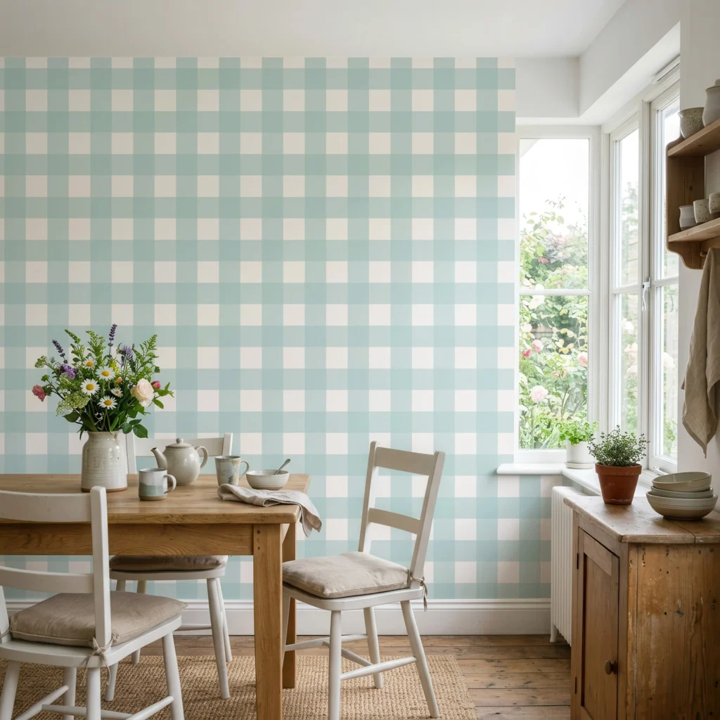 Diseño de papel pintado Anna, cuadros Vichy aguamarina y blanco roto, en cocina rústica y luminosa