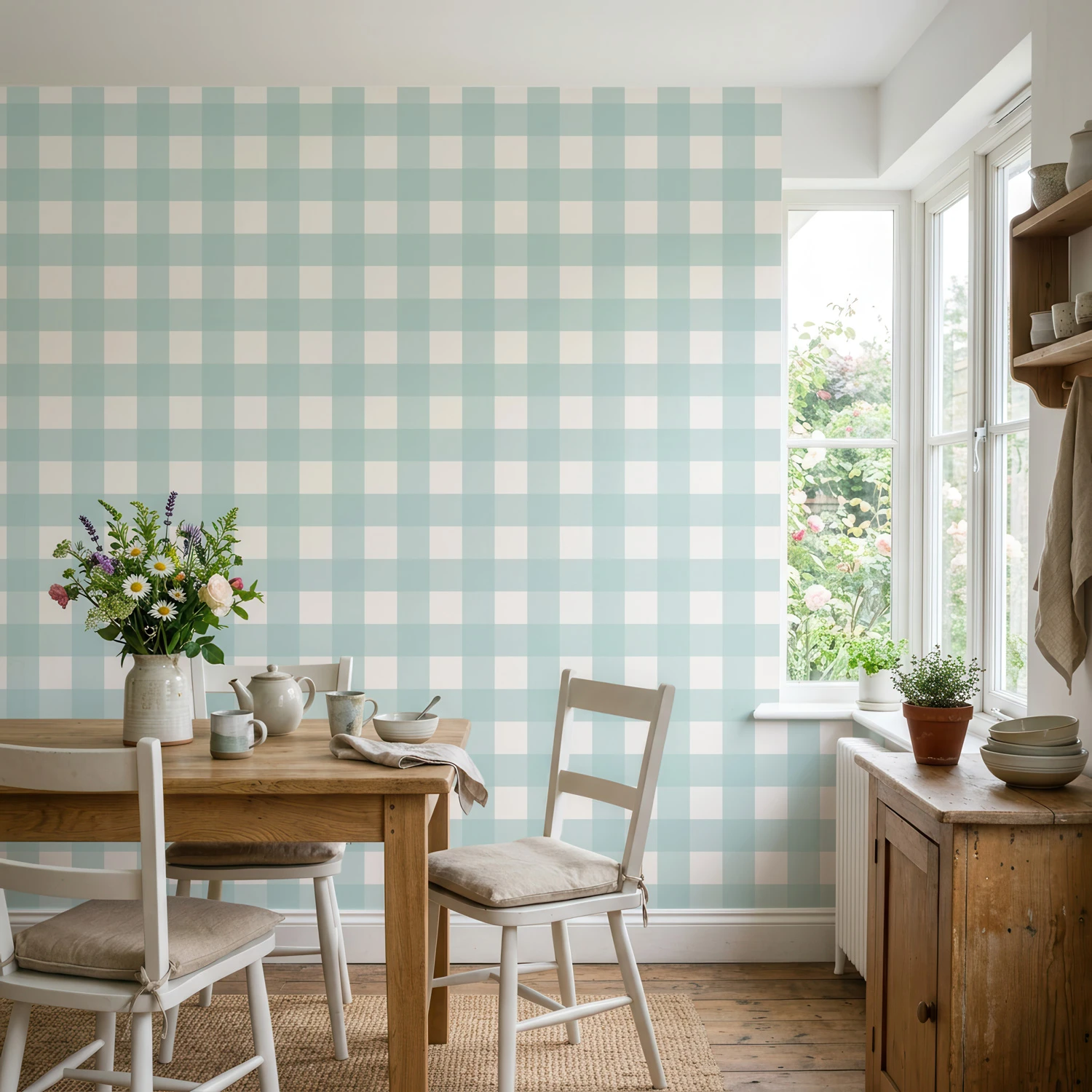Diseño de papel pintado Anna, cuadros Vichy aguamarina y blanco roto, en cocina rústica y luminosa