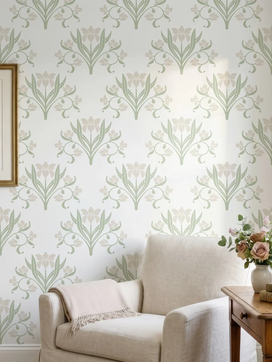Diseño de papel pintado Liria, diseño floral con lirios en verde salvia, ámbar suave y blanco roto, en rincón de lectura en salón