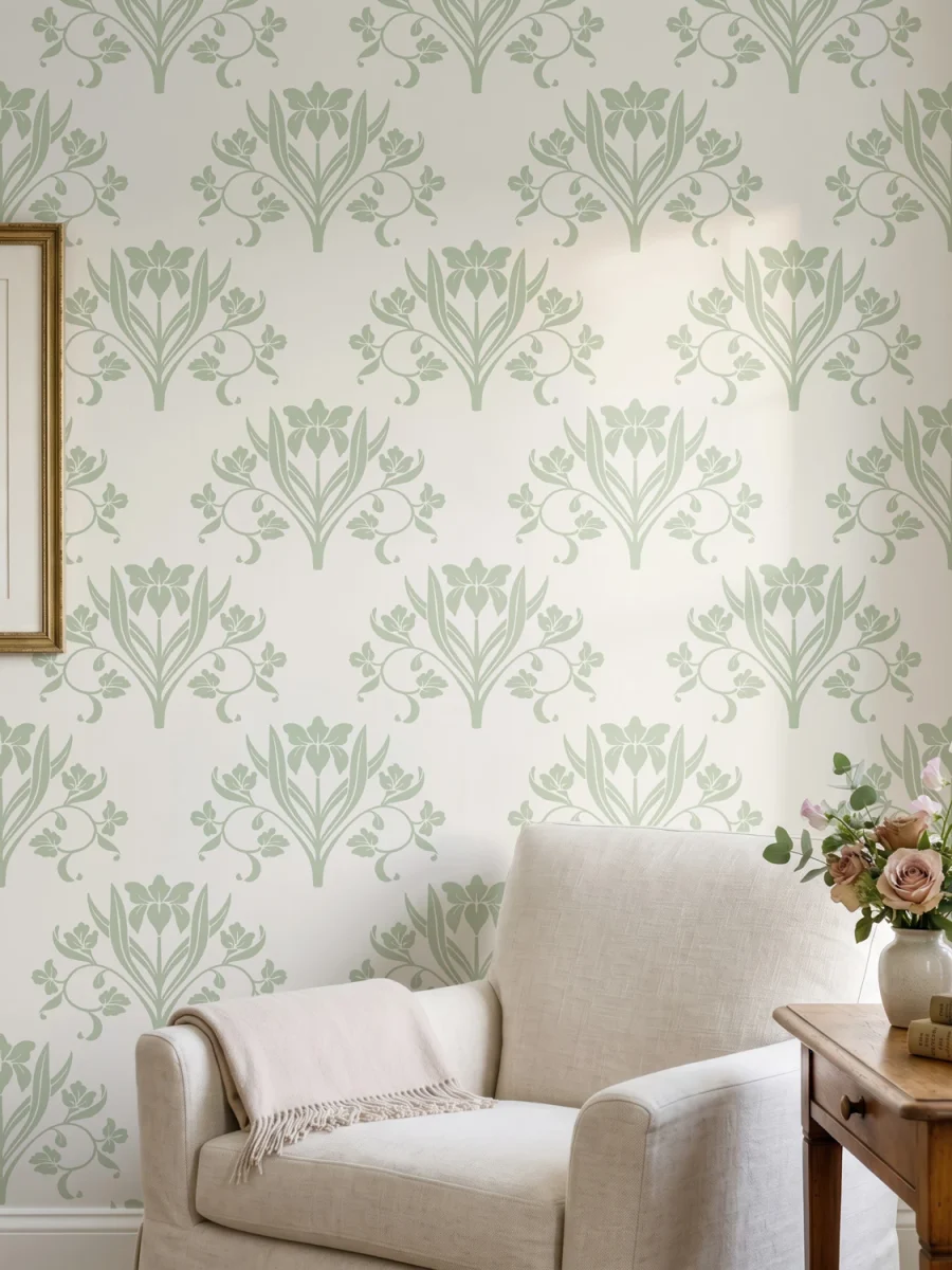 Diseño de papel pintado Liria, diseño floral con lirios en verde salvia y blanco roto, en rincón de lectura en salón