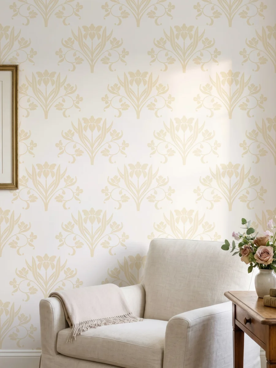 Diseño de papel pintado Liria, diseño floral con lirios en vainilla y blanco roto, en rincón de lectura en salón