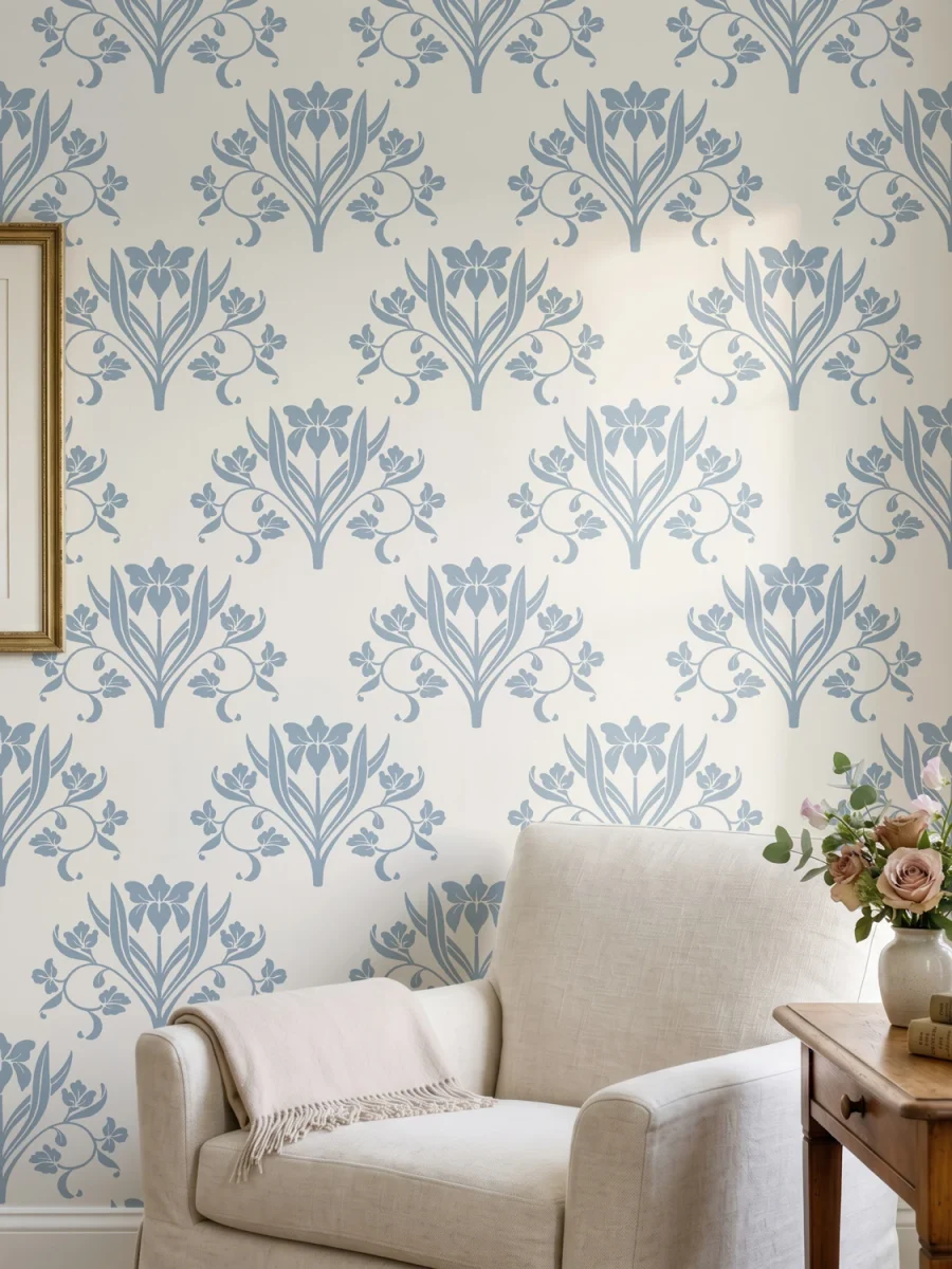 Diseño de papel pintado Liria, diseño floral con lirios en azul empolvado y blanco roto, en rincón de lectura en salón