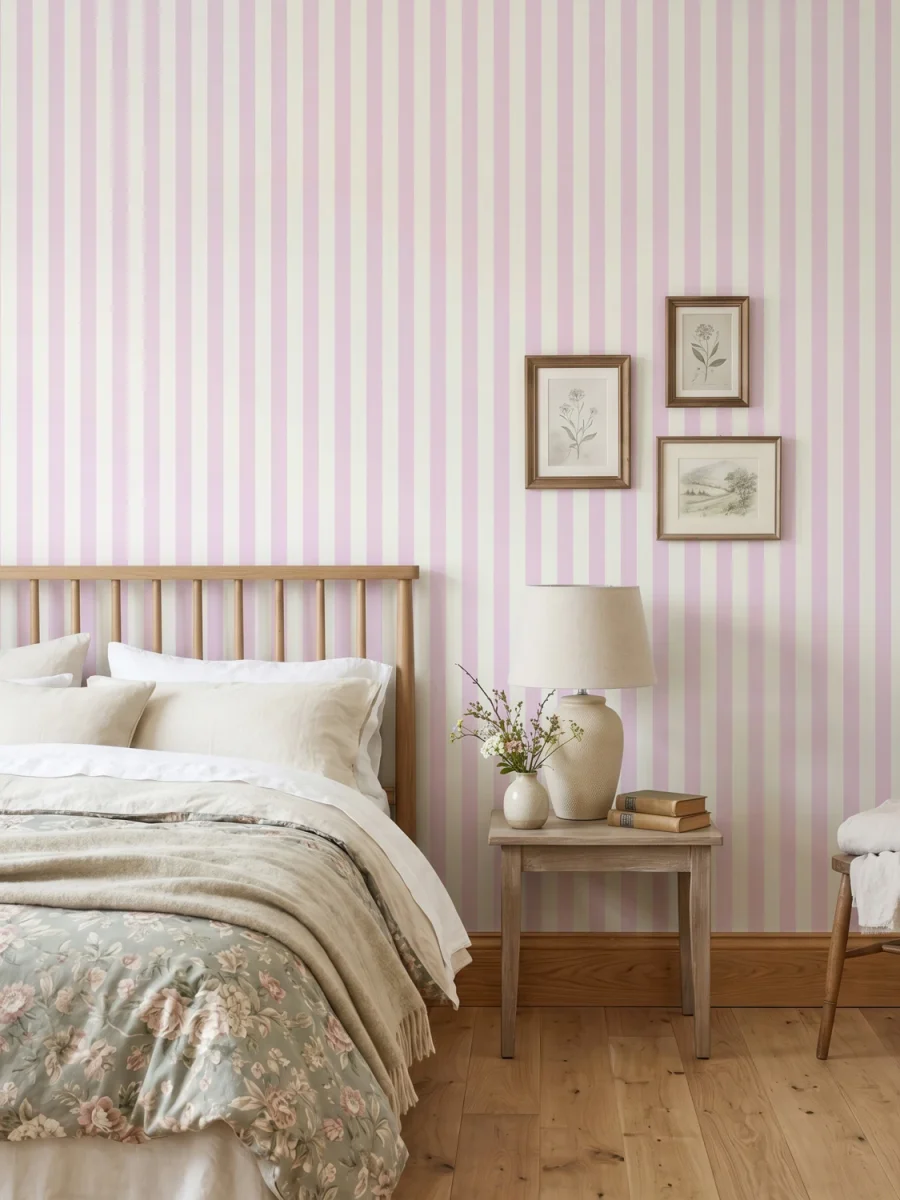Papel pintado Godella en color rosa rubor y blanco, en un dormitorio rústico y acogedor