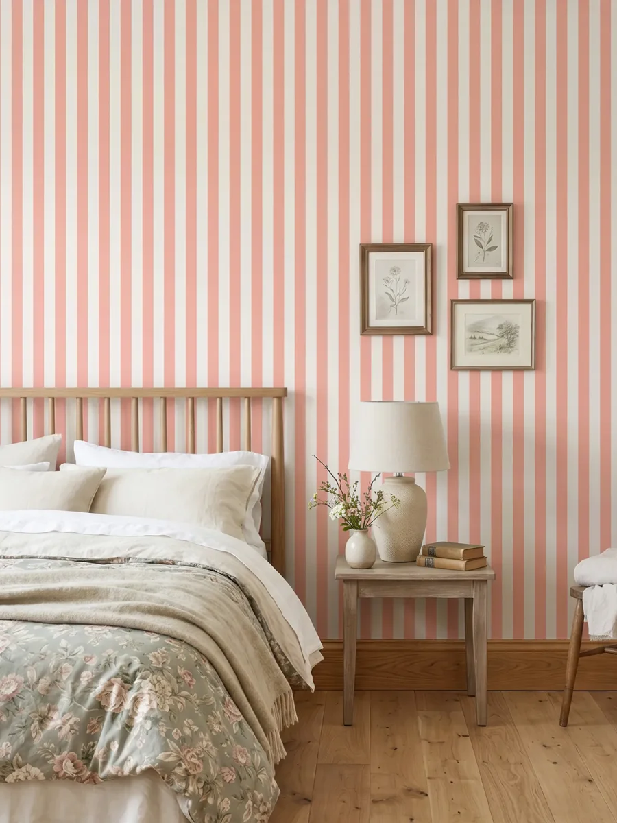 Papel pintado Godella en color coral y blanco suave, en un dormitorio rústico y acogedor