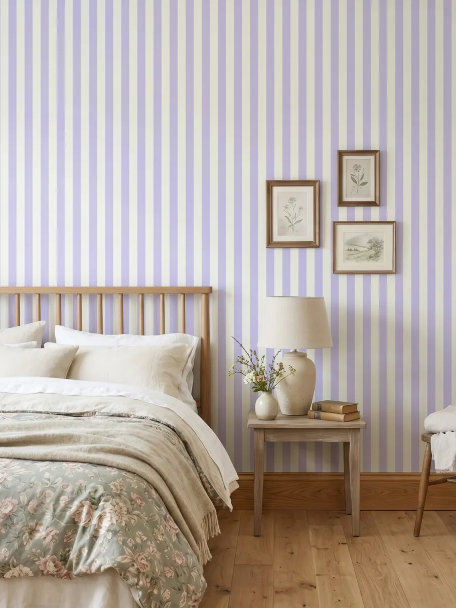 Papel pintado Godella en color lavanda suave y blanco roto, en un dormitorio rústico y acogedor