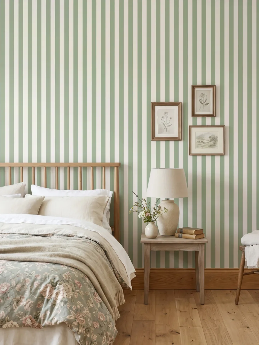 Papel pintado Godella en color verde salvia suave y blanco roto, en un dormitorio rústico y acogedor