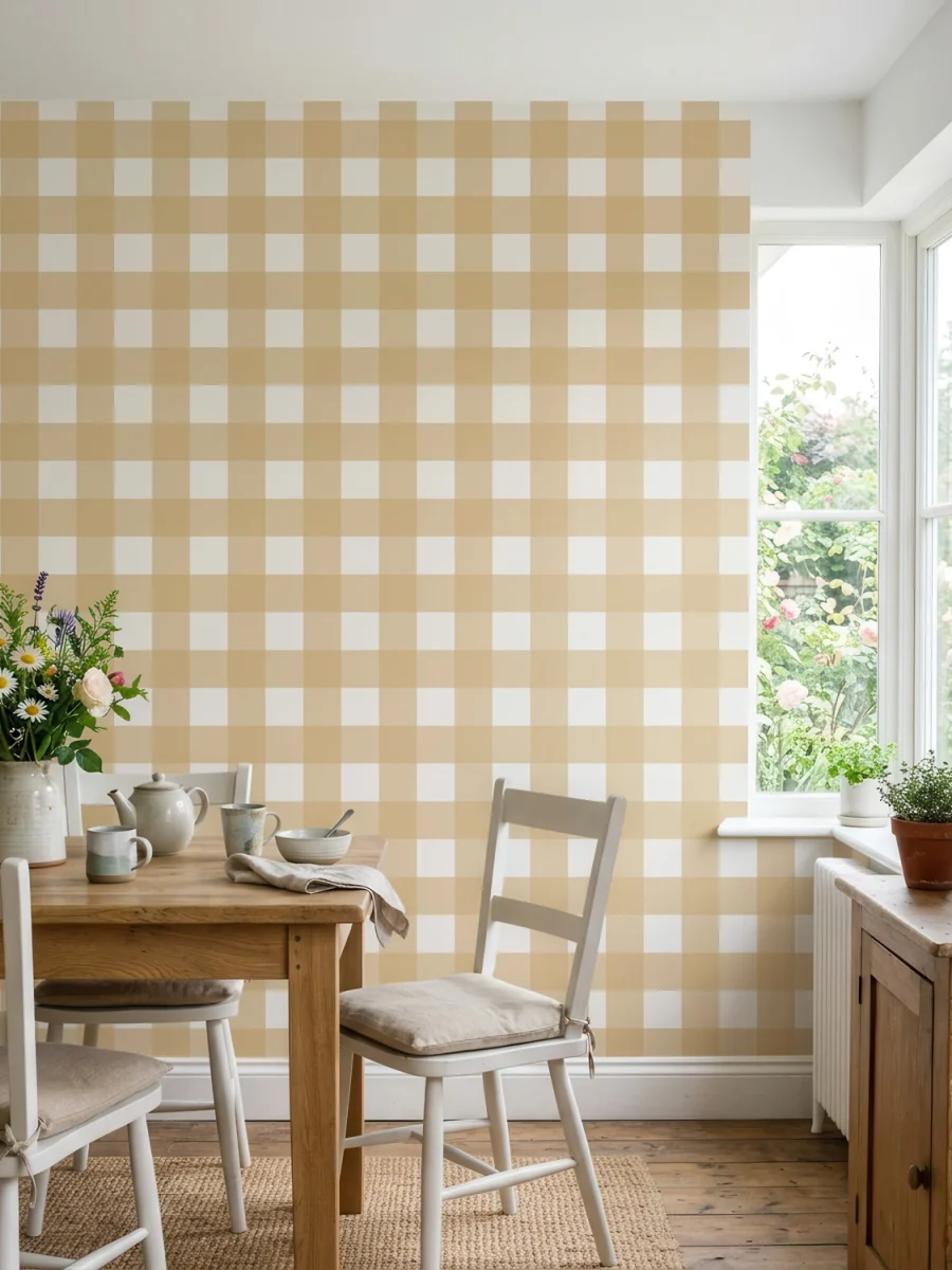 Diseño de papel pintado Anna, cuadros Vichy mostaza suave y blanco roto, en cocina rústica y luminosa