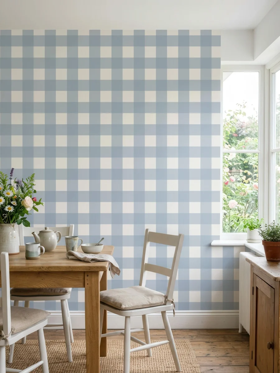 Diseño de papel pintado Anna, cuadros Vichy azul empolvado y blanco roto, en cocina rústica y luminosa
