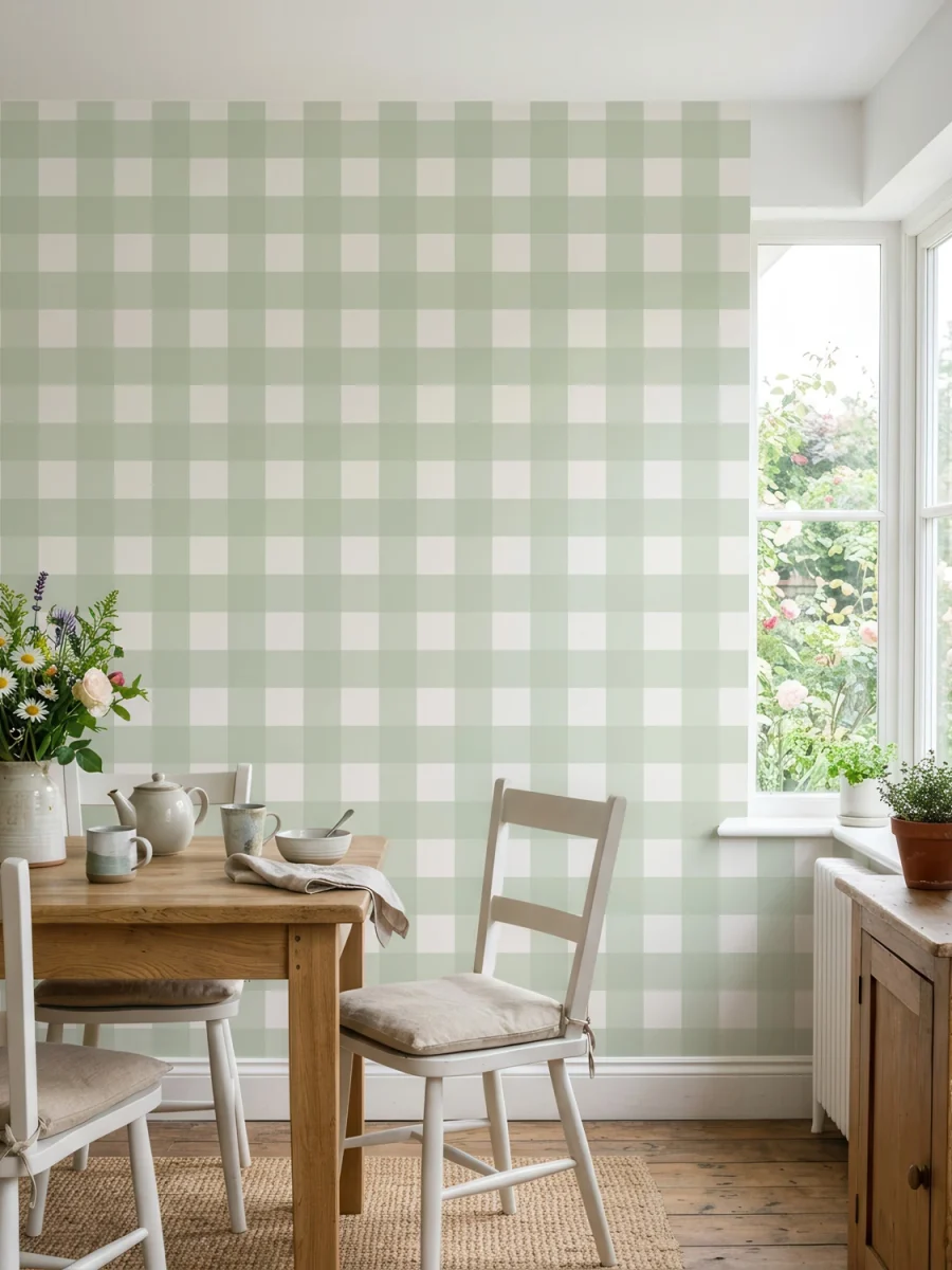 Diseño de papel pintado Anna, cuadros Vichy verde salvia y blanco roto, en cocina rústica y luminosa