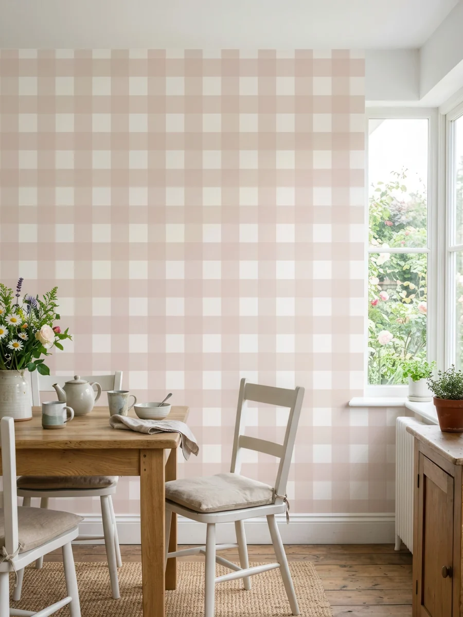Diseño de papel pintado Anna, cuadros Vichy rosa empolvado y blanco roto, en cocina rústica y luminosa