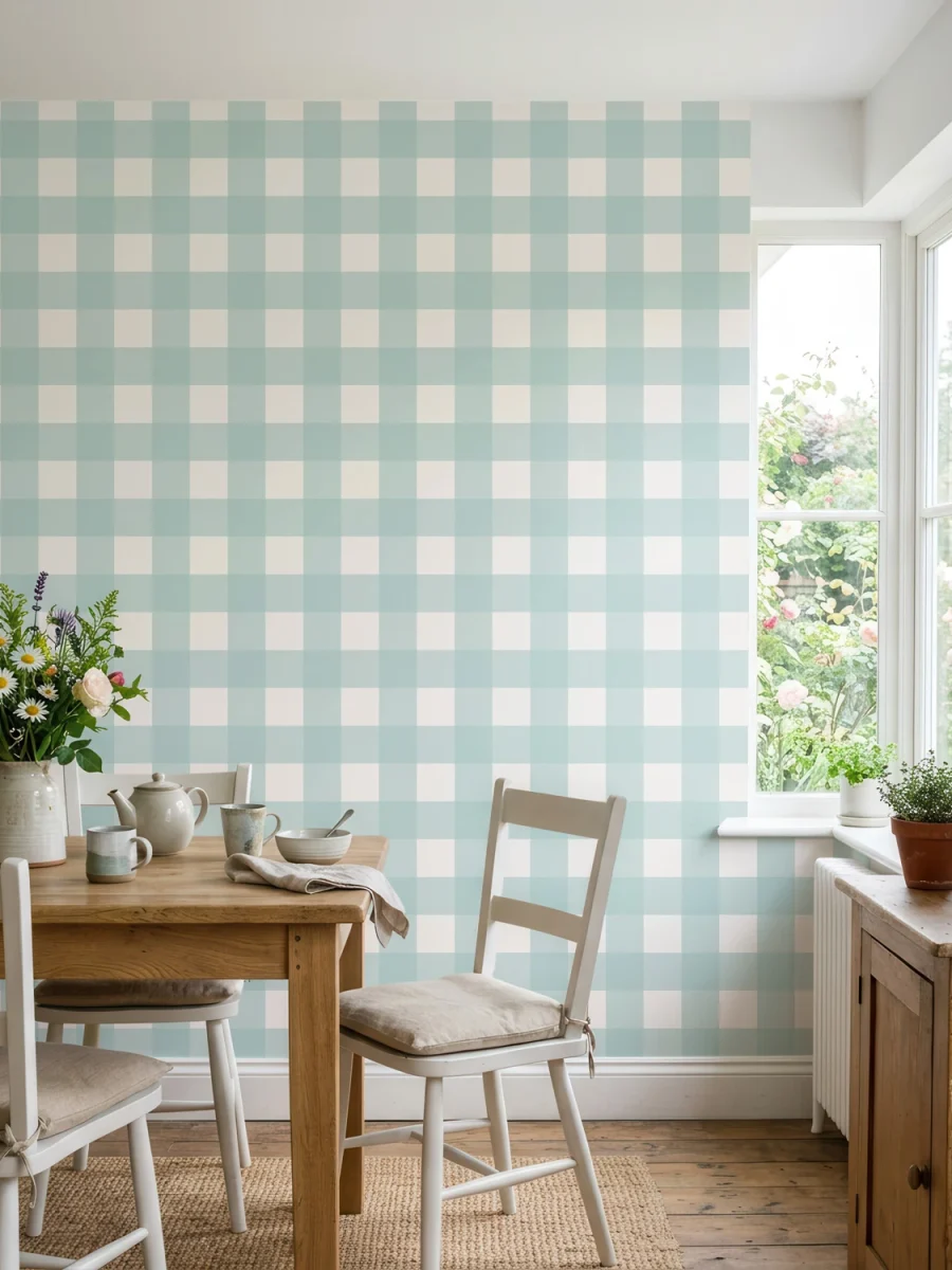 Diseño de papel pintado Anna, cuadros Vichy aguamarina y blanco roto, en cocina rústica y luminosa